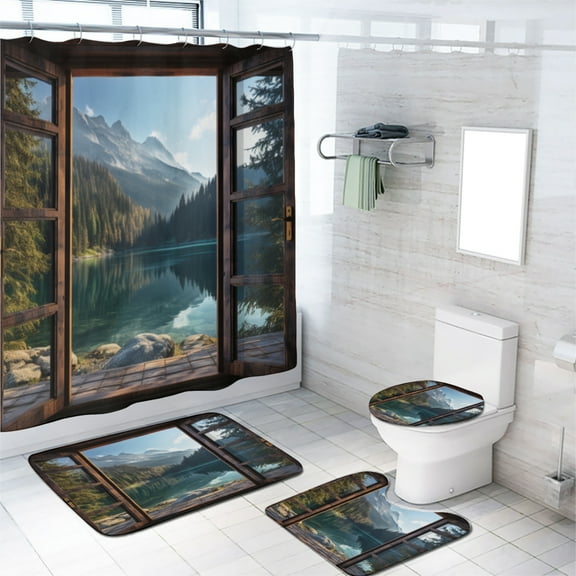Forest Lake Shower Curtain Set Mountain Lake Trees Natural Landscape Scenery Rural Farmhouse Wooden Window with Toilet Lid Cover and Bath Mat, Waterproof Shower Curtain with 12 Hooks, 72x72 Inch