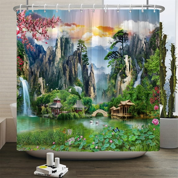 Forest Landscape Bathroom Curtain 3D Natural Scery Waterfall Print Shower Curtai