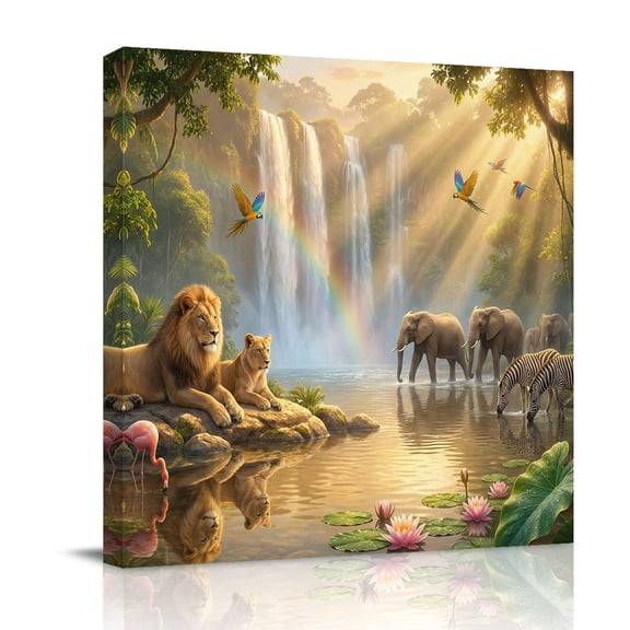 Forest Landscape Canvas Wall Art for Living Room, Lack Lions Elephants Zebra Tree Rainbow Lotus Wall Decor Framed Artwork Pictures Ready to Hang for Bedroom Office Home Decor