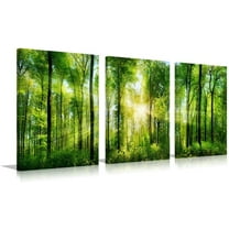 Forest Landscape Canvas Wall Art Set - 3 Panel Modern Nature Paintings with Green Trees and Sunrise Scenery, Minimalist Canvas Print for Living Room, Bedroom, or Office 12 x 16 Inch