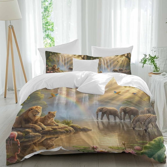 Forest Landscape Comforter Set Full Size, Lack Lions Elephants Zebra Tree Rainbow Lotus Soft Bedding Set for Man Woman, 4 Pieces Duvet Cover Set with Fitted Sheet, 2 Pillowcases