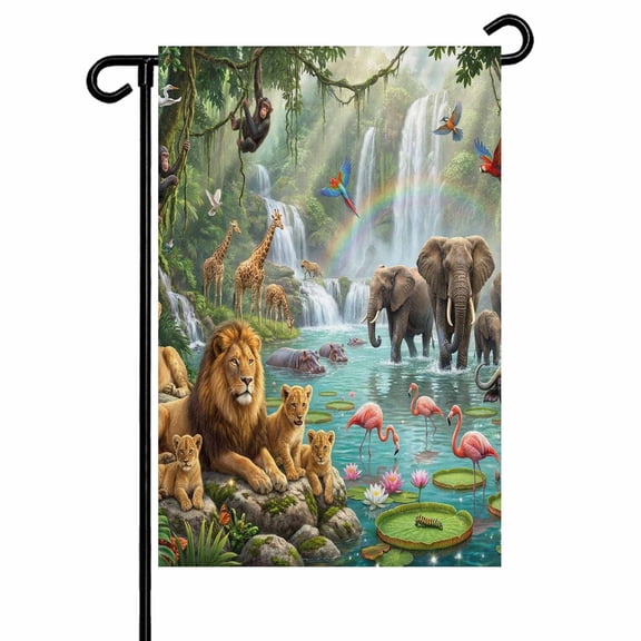 Forest Landscape Garden Flag 12x18 Inch Tropical Elephants Lions Birds Giraffe Monkey Lotus Double Sided Small Decorative Garden Flags for Outside, Outdoor Yard Porch Lawn Decoration