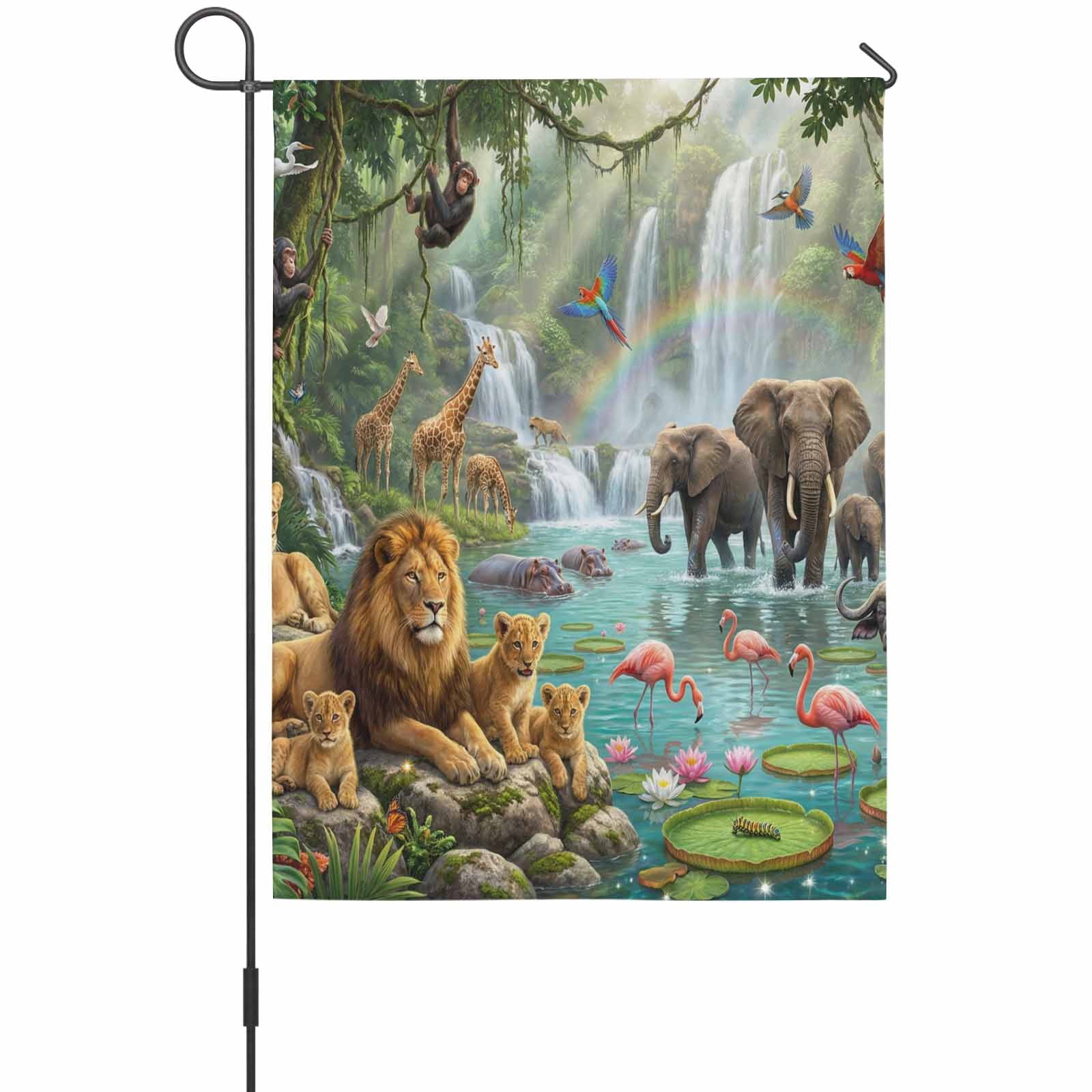 Forest Landscape House Flag 28 x 40 Inches, Tropical Elephants Lions Birds Giraffe Monkey Lotus Weather Proof Outdoor Patio Flags Double Sided Small House Decoration for Yard Lawn Outside Home