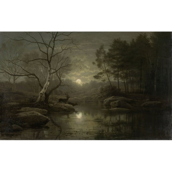 Forest Landscape In The Moonlight, By Georg Eduard Otto Saal, 1861, Dutch Painting, Oil On Canvas. Autumn Night Scene With Deer At Stream. (Bsloc_2016_1_181) Poster Print (36 x 24)