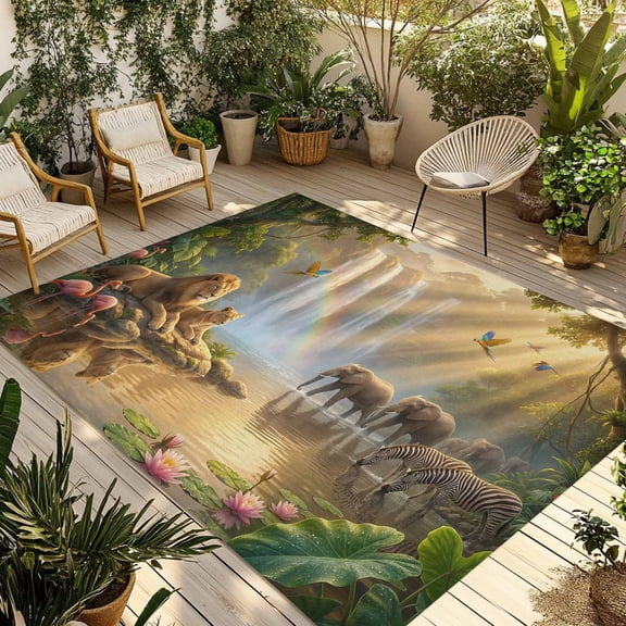 Forest Landscape Outdoor Rug 5x8 ft Lack Lions Elephants Zebra Tree Rainbow Lotus Non Slip Patio Rug Washable Absorbent Large Outdoor Carpet Outside Mat for Porch RV Garden Camping