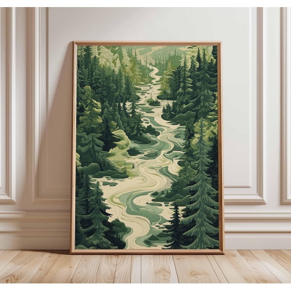Forest Landscape Poster, Tranquil River Art, Green Nature Print, Scenic Woodland Painting, Wilderness Wall Art, Lush Forest Decor