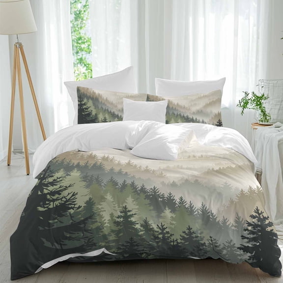 Forest Landscape Queen Size Comforter Set, Modern Watercolor Style Tree Mountain Bedding for All Seasons, 4 Pcs Bed Set, 1Quiltcover (90"x92") ,1Sheet(94"x116"), 2Pillowcases (30"x20")