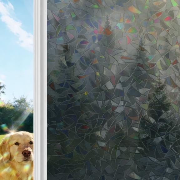 Forest Landscape Rainbow Window Privacy Film, Farmhouse Pine Tree Mist Mountain Nature Stained Glass Window Film, Sun Blocking Glass Clings Static Cling Non Adhesive Door Stickers 23.6 x 59 Inches