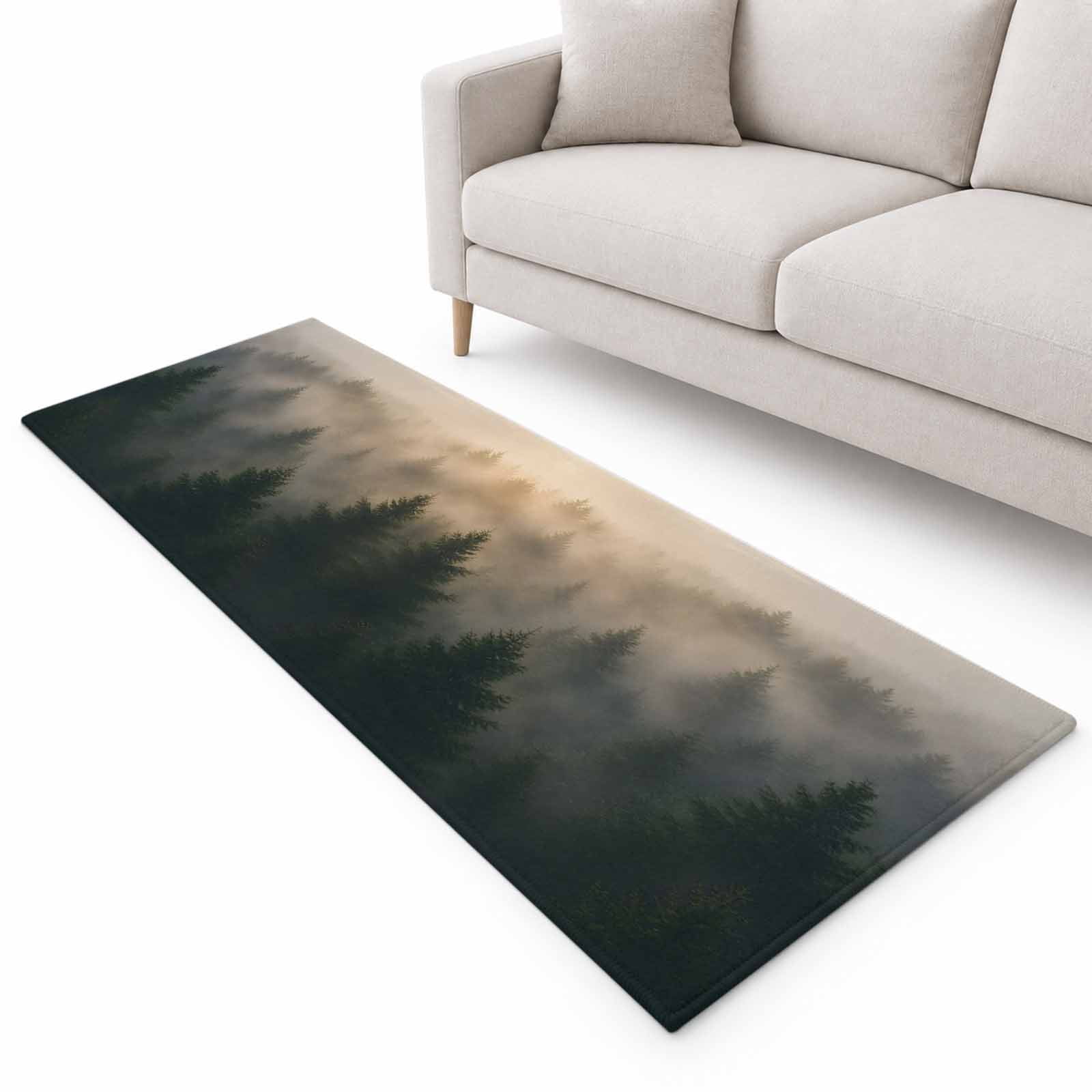 Forest Landscape Runner Rug 2'x6', Farmhouse Pine Tree Mist Mountain ...