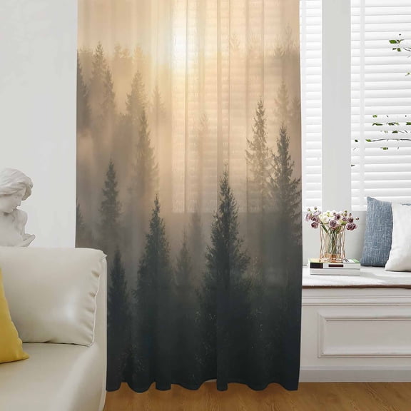 Forest Landscape Sheer Curtains 63 Inch Length, Light Filtering Voile Curtain Panel, Modern Rustic Pine Tree Sunlight Rod Pocket Drapes Window Treatments for Living Room Bedroom 52"x63"