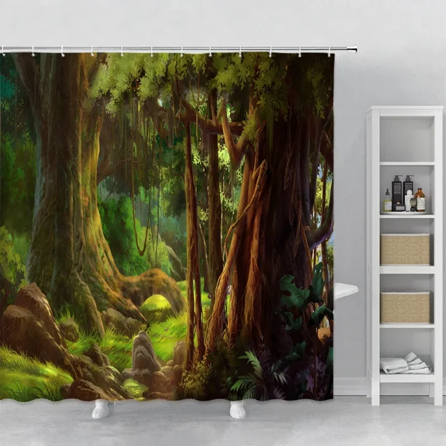 Forest Landscape Shower Curtain Sunshine Waterfall Green Bamboo Mist