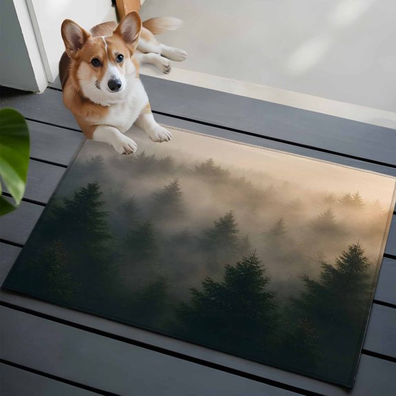 Forest Landscape Small Area Rugs 2x3 Farmhouse Pine Tree Mist Mountain Nature Entryway Rugs Washable Door Mat, Low-Profile Area Rugs Non Slip Floor Carpet for Living Room Bedroom Home Office