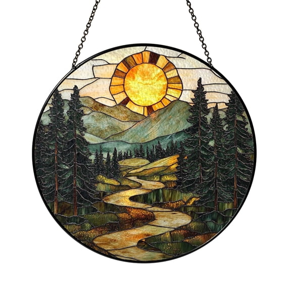 Forest Landscape Stained Glass Art, Serene Pine Tree and Sunset Window Decor for Calm Nature Inspired Homes