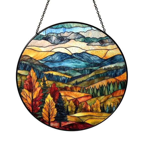 Forest Landscape Stained Glass Panel – Rolling Hill Window Art Decor