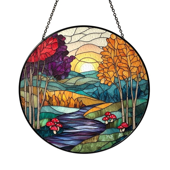 Forest Landscape Stained Glass Style Panel – Home Window Decoration