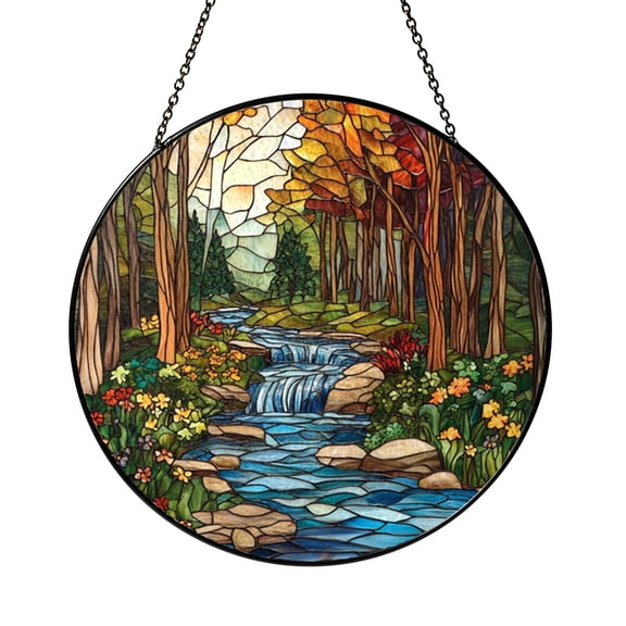 Forest Landscape Stained Glass Style Window Decor – Stream Scene Suncatcher Art