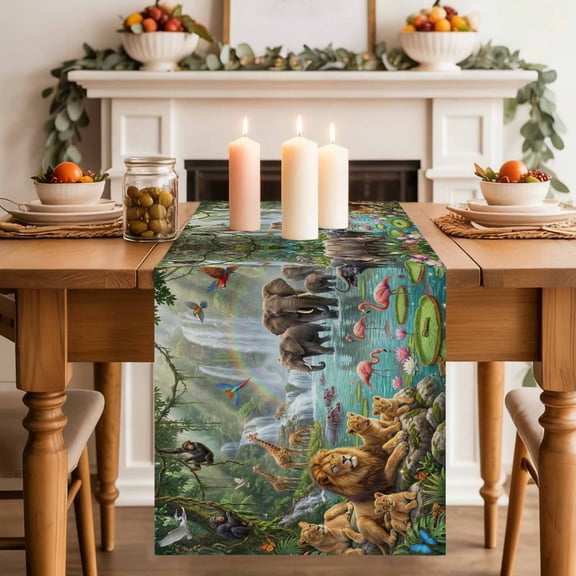 Forest Landscape Table Runner, Tropical Elephants Lions Birds Giraffe Monkey Lotus Washable Cotton-linen Table Runners Dining Kitchen Decoration for Everyday Home Wedding Party Decor, 13 x 36 Inch