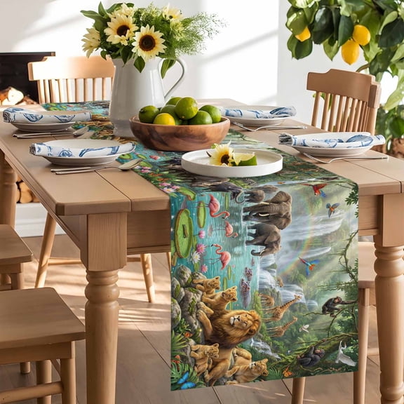 Forest Landscape Table Runner, Tropical Elephants Lions Birds Giraffe Monkey Lotus Washable Kitchen Table Runners Dress Scarves for Dining Table Decorations Party/Restaurant, 13x36in