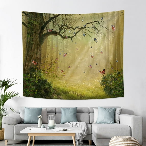 Forest Landscape Tapestry,Butterfly Tapestry for Bedroom,Green Trees Tapestry Wall Hanging Home Decor 50Wx60L