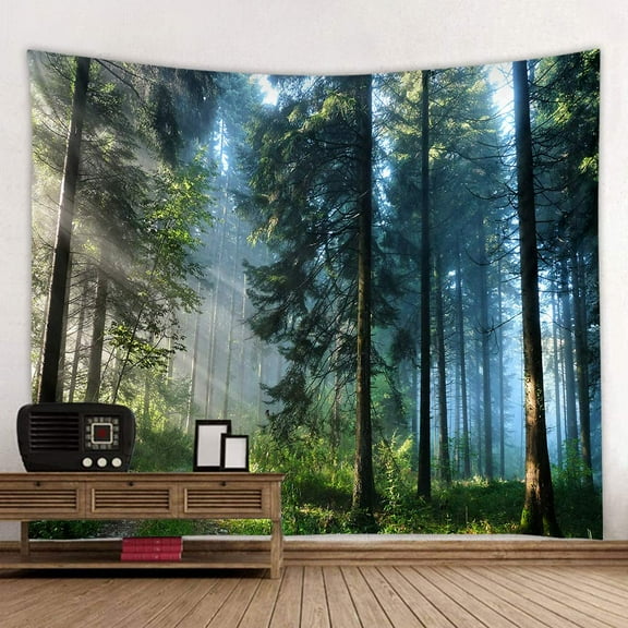 Forest Landscape Tapestry Home Decor Wall Hanging for Living Room Bedroom Magic Printed Curtain Nature Scene Morning Forest Green