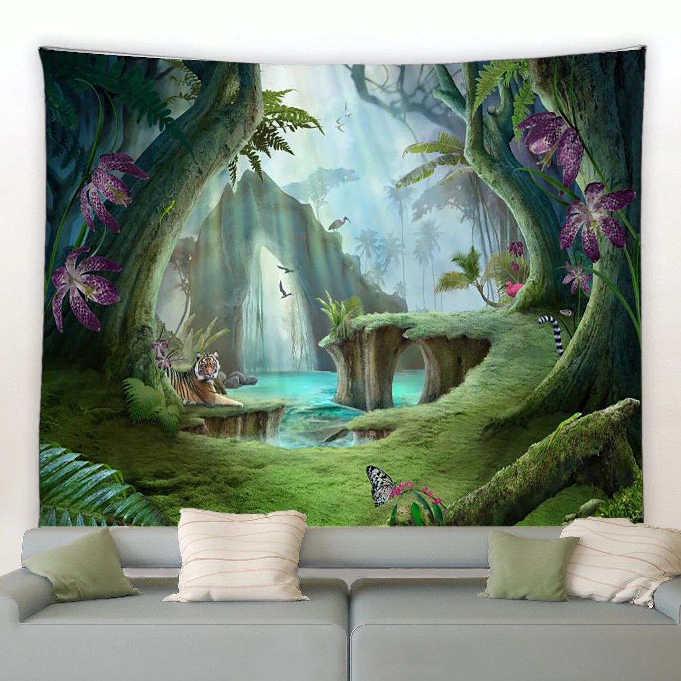 Forest Landscape Tapestry Tropical Plants Waterfall Modern Living Room