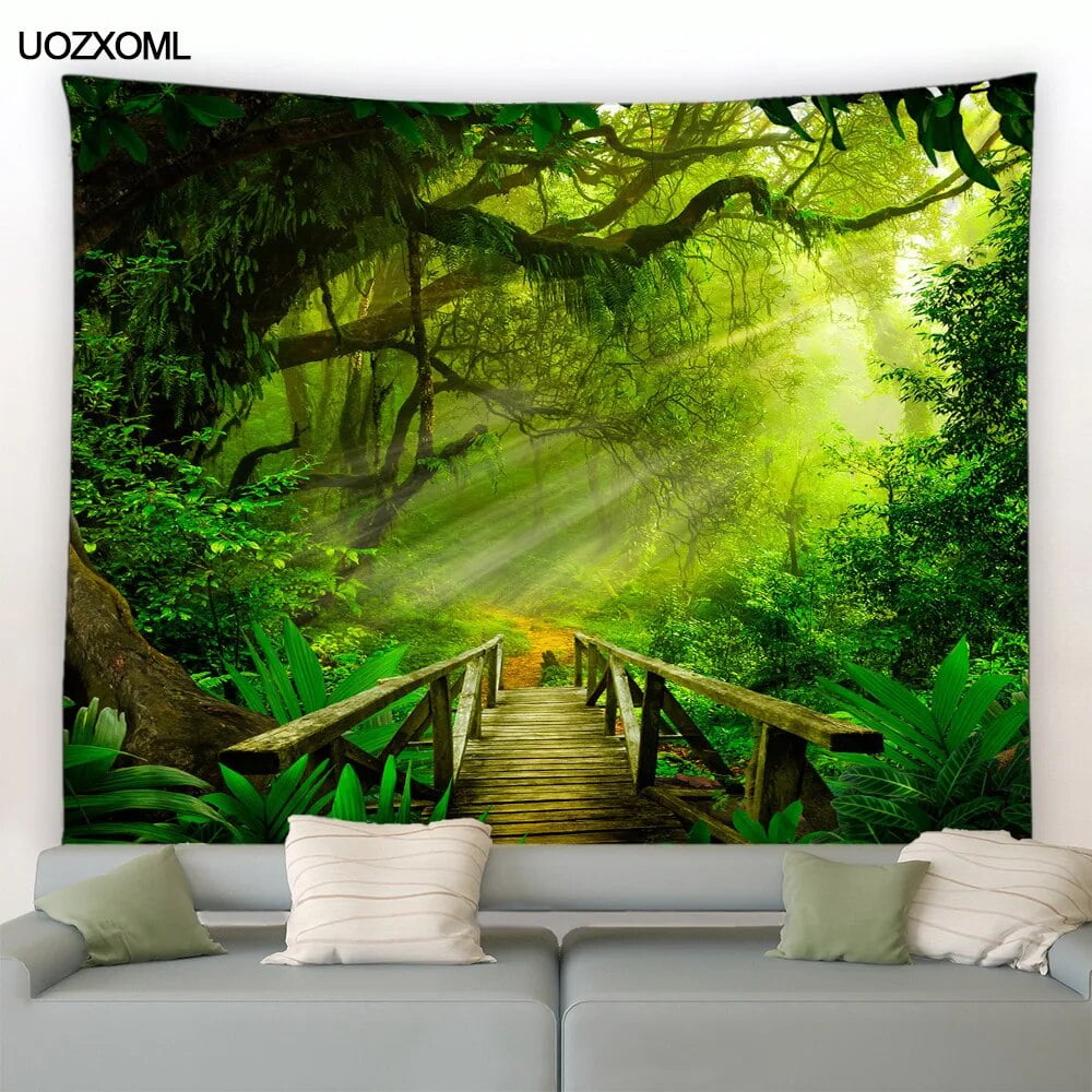Forest Landscape Tapestry Tropical Rainforest Green Plants Wood Bridge
