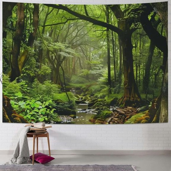 Forest Landscape Tapestry Wall Hanging With Tree Cave and Misty Jungle Creek Stream for Living Room Decor 40 x 60 Inch
