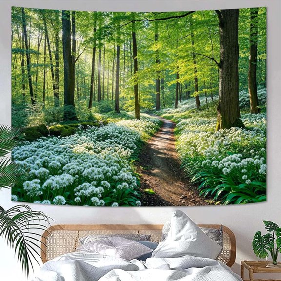 Forest Landscape Wall Tapestry Green Trees White Flowers Pathway Small Wall Hanging for Bedroom Dorm Living Room Decor 48 x 36 Inch