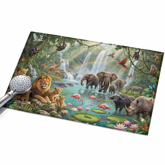 Forest Landscape Washable Area Rug 2 x 3 ft Tropical Elephants Lions Birds Giraffe Monkey Lotus, Soft Non Slip Rugs Stain Repellent Indoor Felt Carpet for Living Dining Room Bedroom Home Office