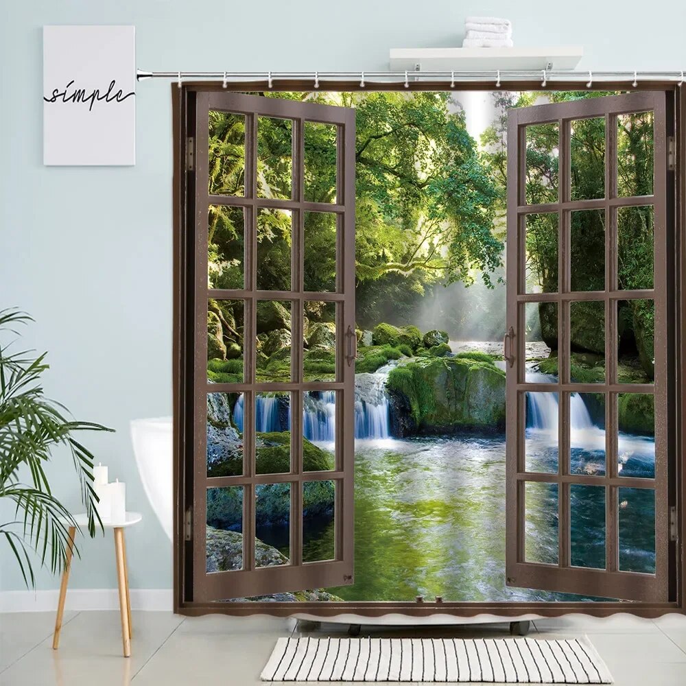 Forest Landscape Waterfall Shower Curtain Window Plant Trees Pink Lotus ...