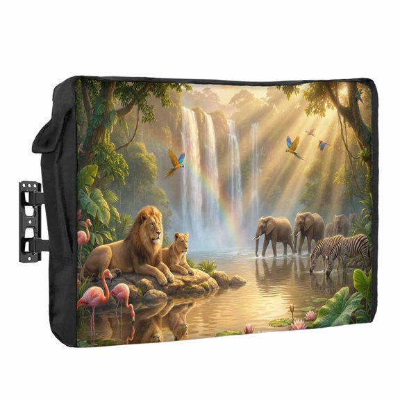 Forest Landscape Waterproof Outdoor TV Cover, Lack Lions Elephants Zebra Tree Rainbow Lotus Outside Weatherproof TV Enclosures for 80 to 85 Inch LCD Television Shield Flat Screen Protectors