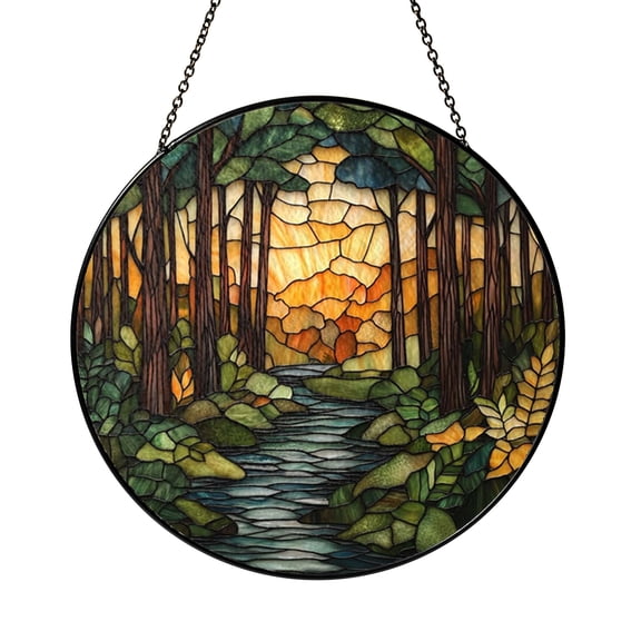 Forest Landscape Window Panel with Stained Glass Look, Woodland Home Decor