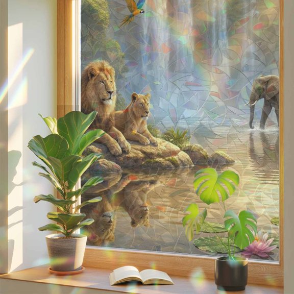 Forest Landscape Window Privacy Film, Lack Lions Elephants Zebra Tree Rainbow Lotus Stained Glass Rainbow Film Decorative Window Clings, Static Cling Sun Blocking Stickers 17.7" x 39.3"