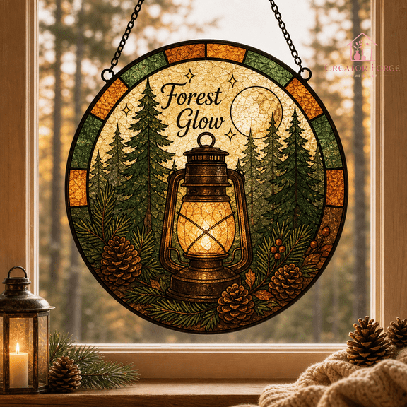 Forest Lantern Stained Glass Suncatcher Cozy Autumn Window Gift for Cabin Decor