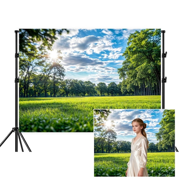Forest Lawn Backdrop,Park Scenery Backdrop,Tree Sky Cloud Photography Background,Outdoor Party Decorations,Picnic Camping Hiking Banner,Countryside Field Shooting Decor Props,7x5FT