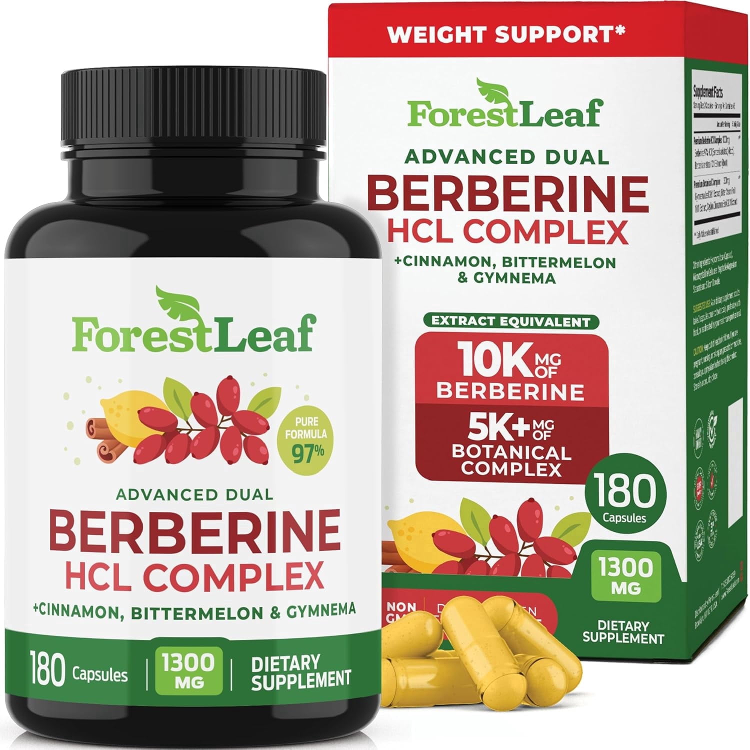 Forest Leaf Berberine Supplement 1300mg, Ultra High Potency Berberine HCl with Ceylon Cinnamon, 180 Capsules