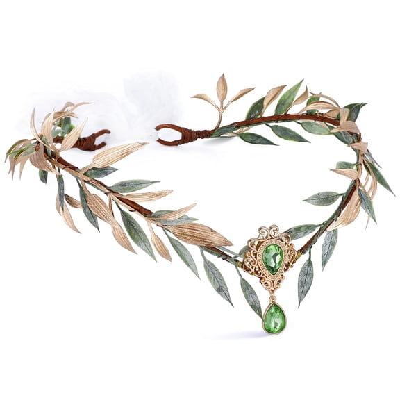 Forest Leaf Elf Crown with Green Crystal Pendant Adjustable Vine Tiara Wedding Cosplay Head Accessory