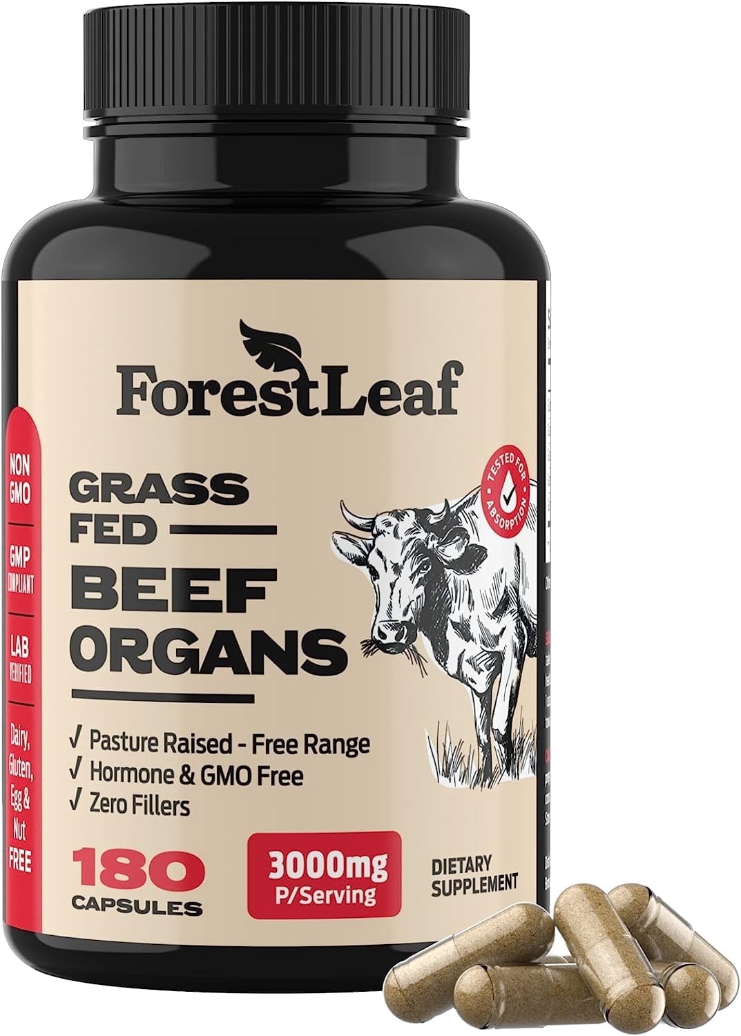 Forest Leaf Beef Organ Supplement 180 ct. Total Body Wellness & Performance, Liver, Heart, Spleen & Kidney
