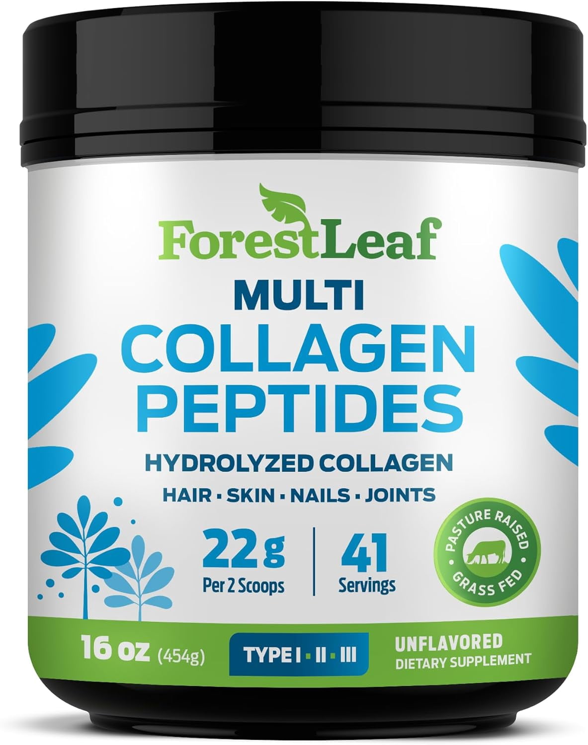Forest Leaf Hydrolyzed Collagen Peptides Powder Unflavored Keto Collagen Protein Powder, 1lb, Type 1, 2 & 3