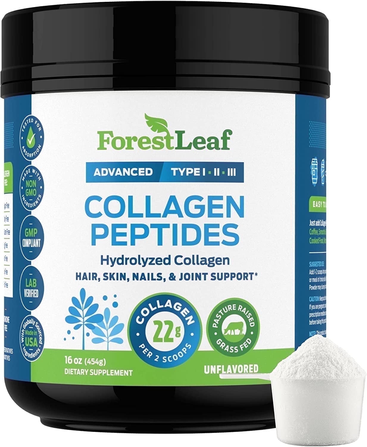 Walmart Deals of Forest Leaf Collagen Peptides Powder, Unflavored Protein, Grass-Fed, 1lb