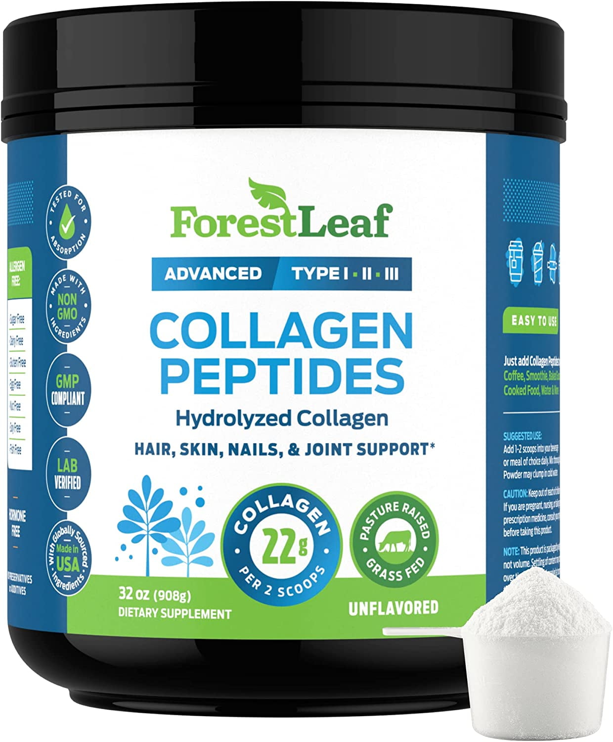 Forest Leaf GrassFed Hydrolyzed Collagen Peptides Protein Powder, Unflavored, 2lb