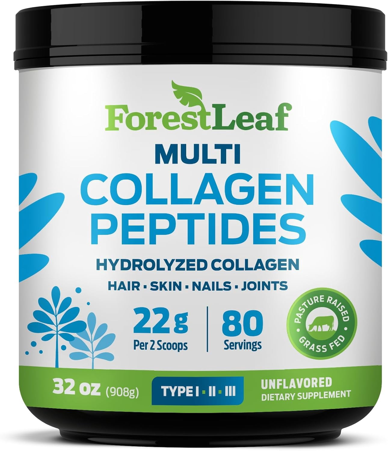Forest Leaf Hydrolyzed Collagen Peptides Powder Unflavored Keto Collagen Protein Powder, 2lb, Type 1, 2 & 3