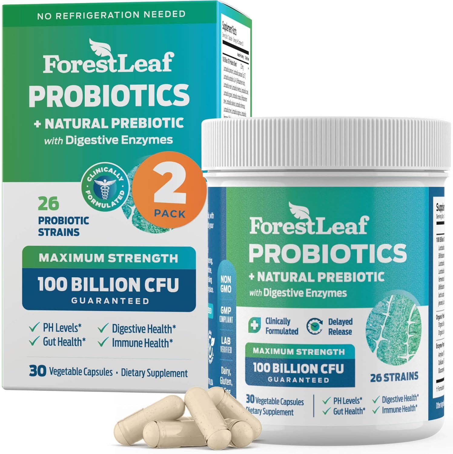 Forest Leaf Probiotics 100 Billion CFU Natural Prebiotic with Digestive Enzymes for Men and Women, 30 Capsules