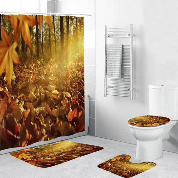 Forest Leaves Trail Waterproof Bathing Shower Curtain Set with 12 Hooks Toilet Covers Bath Mat for Bathroom Non-slip Rug Carpet