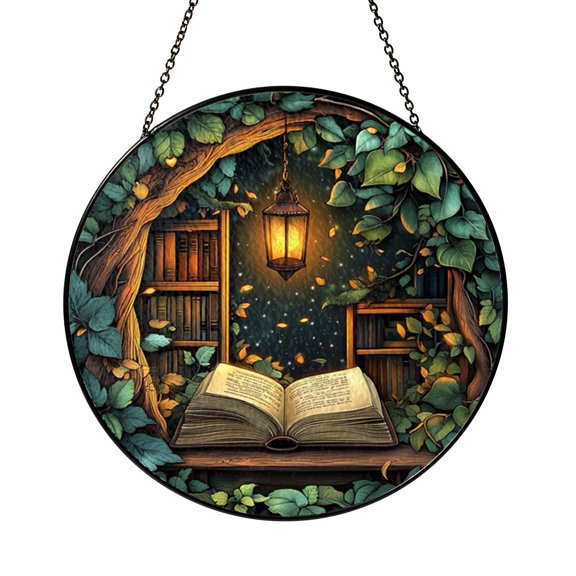 Forest Library Acrylic Faux Stained Glass Window Hanging – Reading Decor