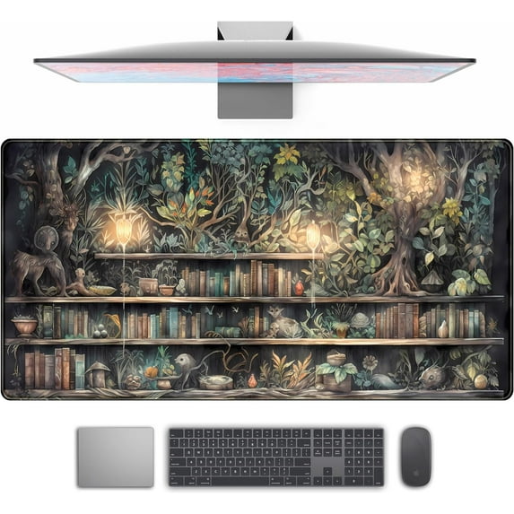 Forest Library Book Mouse Pad Desk Mat, Mystical Green Tree House XXL Extended Large Gaming Desk Pad Mousepad Computer Laptop Keyboard and Mouse Mat, Office Desk Decor Pad for Women 31.5x15.7 in