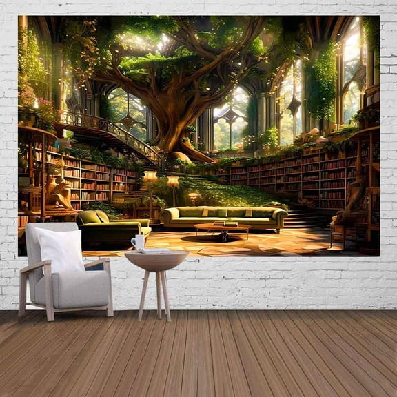 Forest Library Tapestry Mysterious Green Tree Medieval Bookshelf Aesthetic Tapestries 60x40inch Vintage Book Art Fantasy Fairy Treehouse Wall Art for Bedroom Home Dorm Classroom Decor