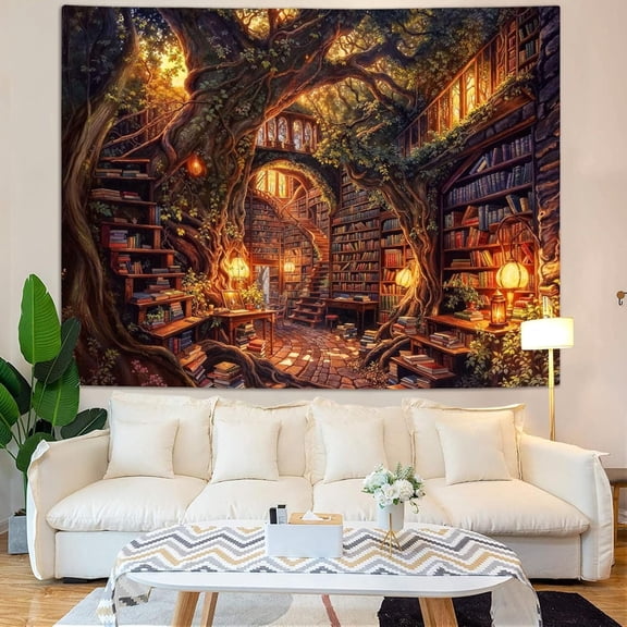 Forest Library Tapestry Tree Bookshelf Tapestries Wall Hanging Vintage Fantasy Fairy Treehouse Book Large Tapestry for Bedroom Living Room Dorm Classroom 90 x 60 inch