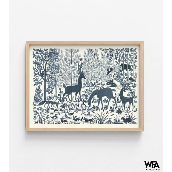 Forest Life I by Miranda Thomas, Blue Forest Animal Decor, Deer Wall Art, Dark Blue Nature Bedroom Print, Small Bunny Wall Decor