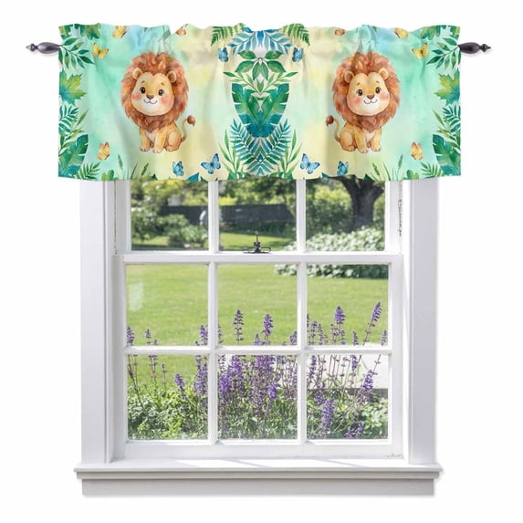 Forest Lion Butterfly Leaf Valances for Windows,Kitchen Valance Rod Pocket Short Curtain, Summer Animal Green Plant Valance Curtain Window Valances for Bedroom Bathroom Living Room 42x12in